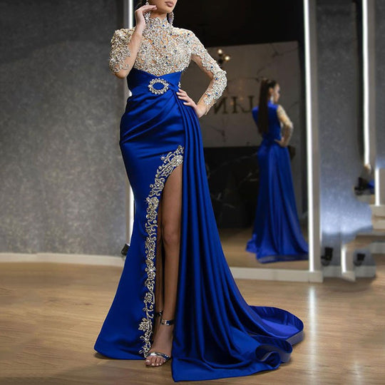 Damen Elegantes Abendkleid mit aufwendigen Spitzenapplikationen und hohem Schlitz EB