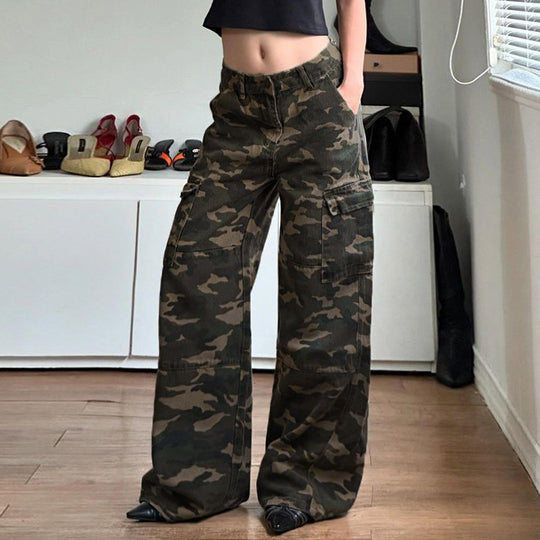 Damen nan weite Cargo-Hose mit Camouflage-Print, hoher Taille und mehreren aufgesetzten Beintaschen EB