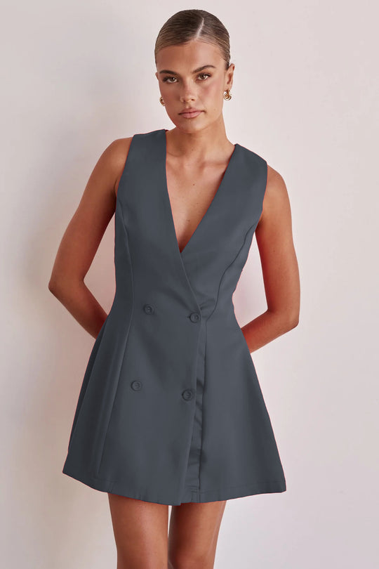 Damen Wendekleid mit tiefem V-Ausschnitt und doppelter Knopfleiste EB