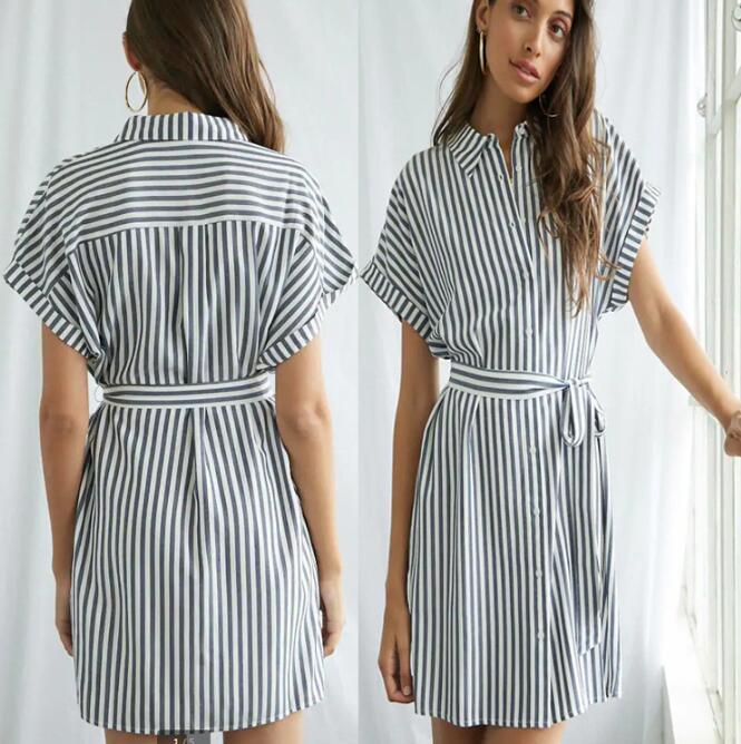 Damen Hemdblusenkleid mit Taillengürtel und modischem Streifendesign EB