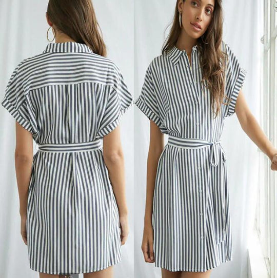Damen Hemdblusenkleid mit Taillengürtel und modischem Streifendesign EB