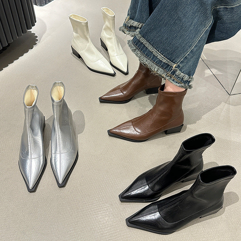 Damen elegante Stiefeletten mit spitzem Zehenbereich und Blockabsatz EB