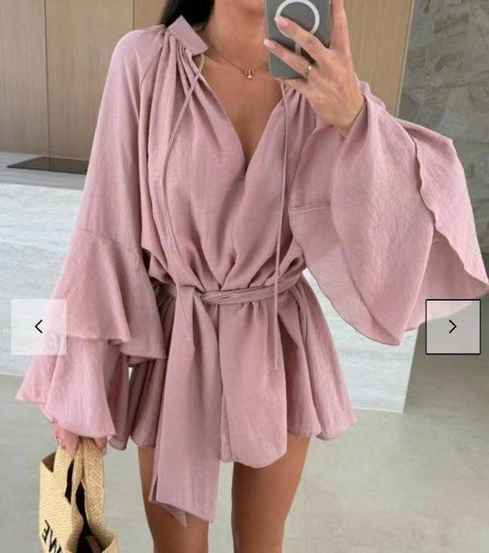 Damen luftige Strandbluse mit voluminösen Ärmeln und Taillengürtel EB