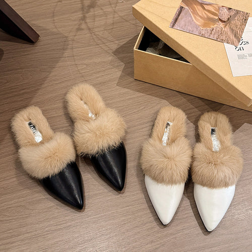 Damen elegante Ballerina mit luxuriösem Kunstfellkragen EB