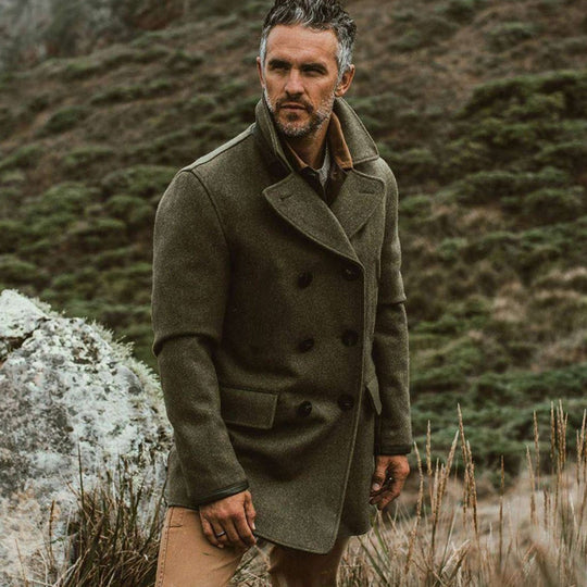 Herren eleganter Mantel mit doppelter Knopfleiste und hohem Kragen EB