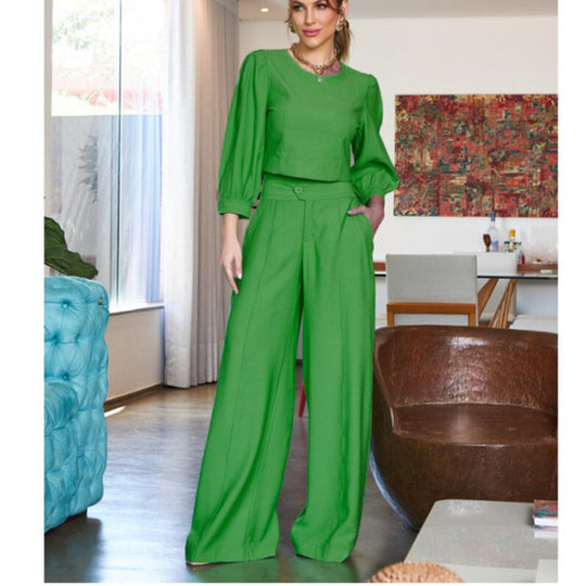 Damen Elegantes zweigeteiltes Set mit cropped Bluse und weiten Hosen EB