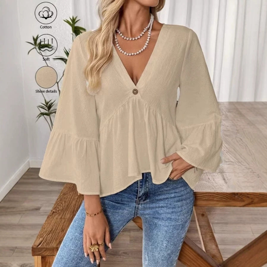 Damen nan elegante Empire-Bluse mit V-Ausschnitt, geraffter Brustnaht und Glockenärmeln EB