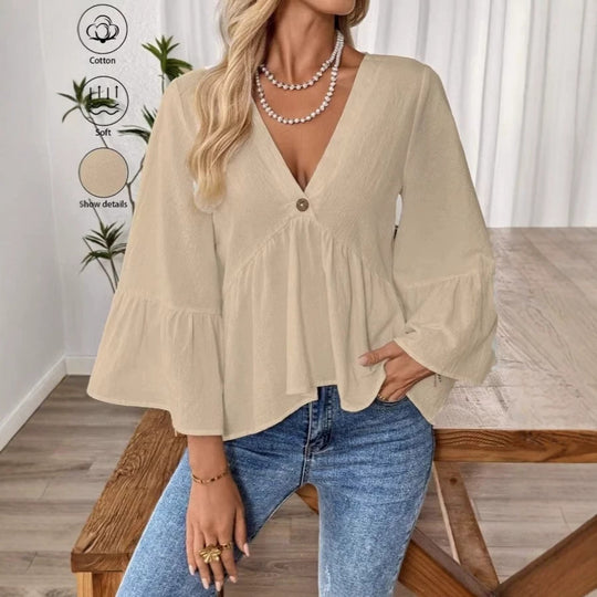 Damen nan elegante Empire-Bluse mit V-Ausschnitt, geraffter Brustnaht und Glockenärmeln EB