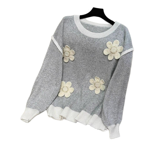 Damen Strickpullover mit floralen Applikationen EB