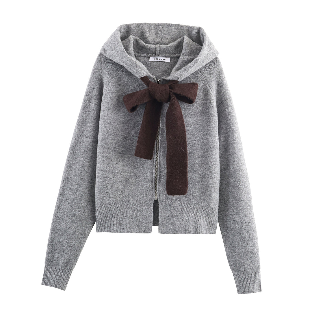 Damen Strickjacke mit Kapuze und dekorativem Schleifenverschluss EB
