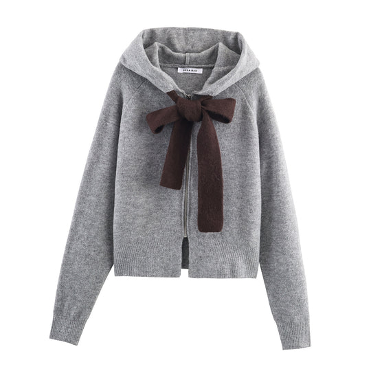Damen Strickjacke mit Kapuze und dekorativem Schleifenverschluss EB