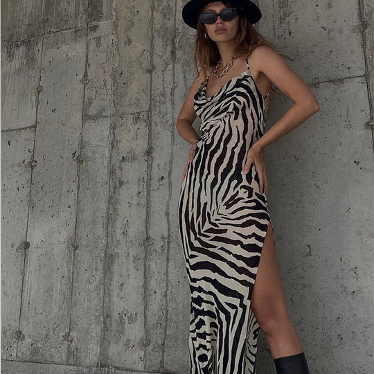 Damen Maxi-Strandkleid mit elegantem Wasserfall-Ausschnitt und hohem Schlitz EB