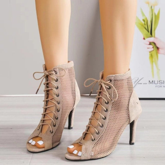 Damen Peeptoe Stiefeletten mit atmungsaktivem Netzdesign und elegantem Lace-Up EB
