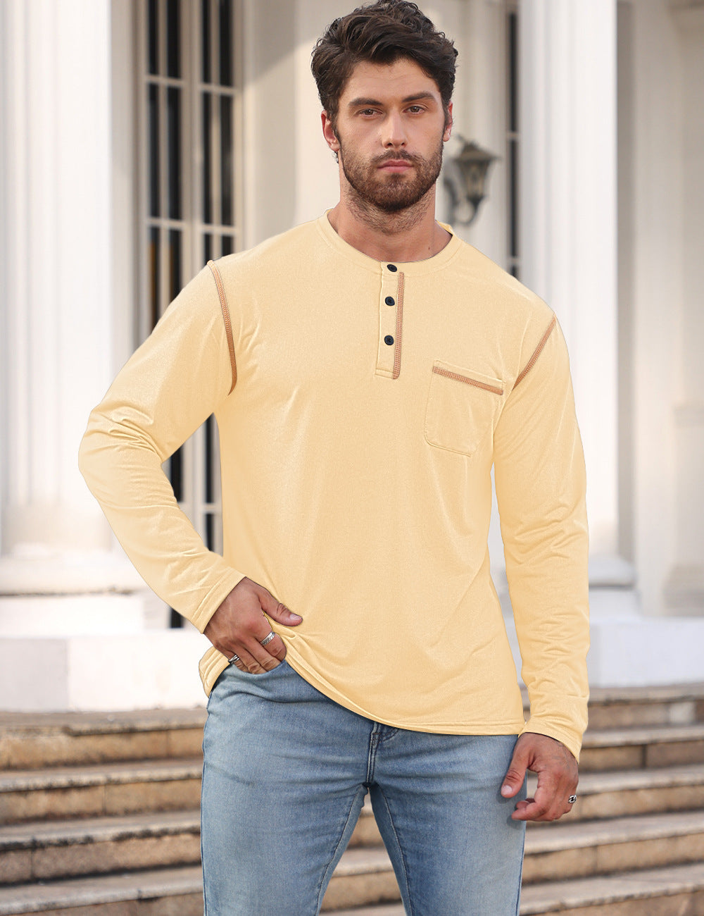 Herren Langarmshirt mit Knopfleiste und Brusttasche EB