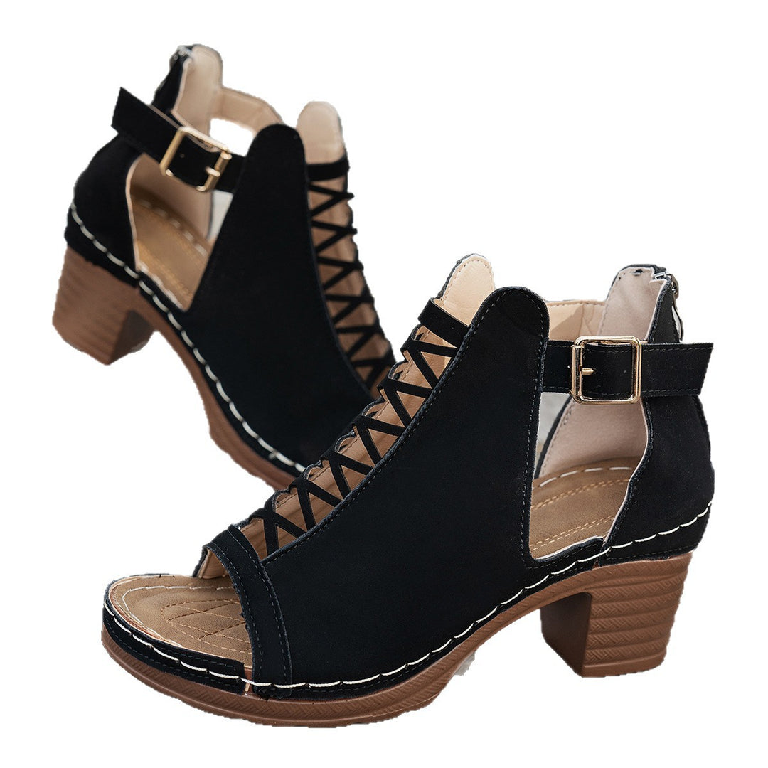 Damen Elegante und modische Schnürsandalen mit Blockabsatz EB