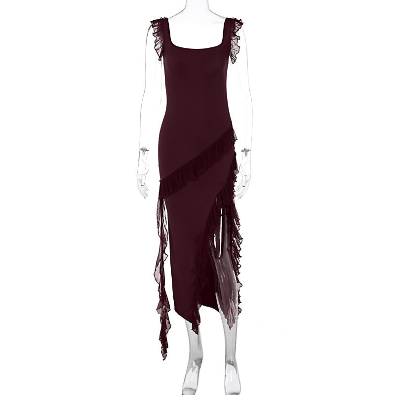 Damen asymmetrisches Maxi-Kleid mit Rüschendetails und hohem Schlitz EB