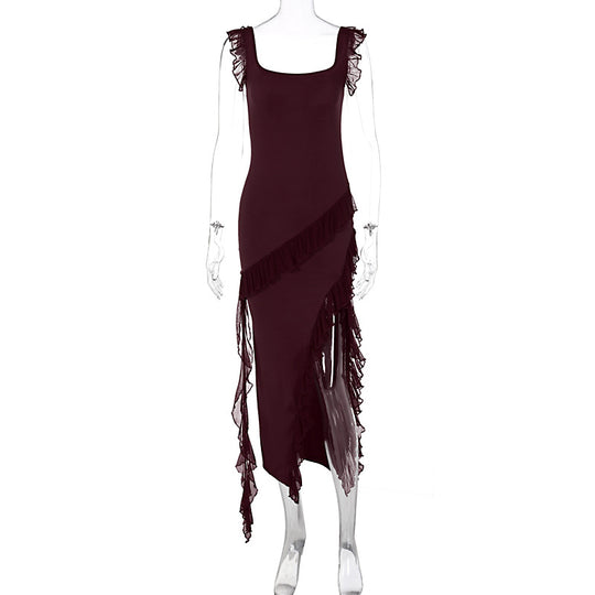 Damen asymmetrisches Maxi-Kleid mit Rüschendetails und hohem Schlitz EB