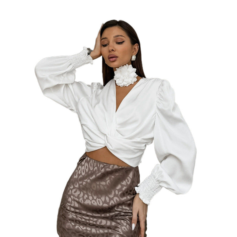 Damen Elegante V-Ausschnitt Gedrehte Bluse mit Rüschennähten EB