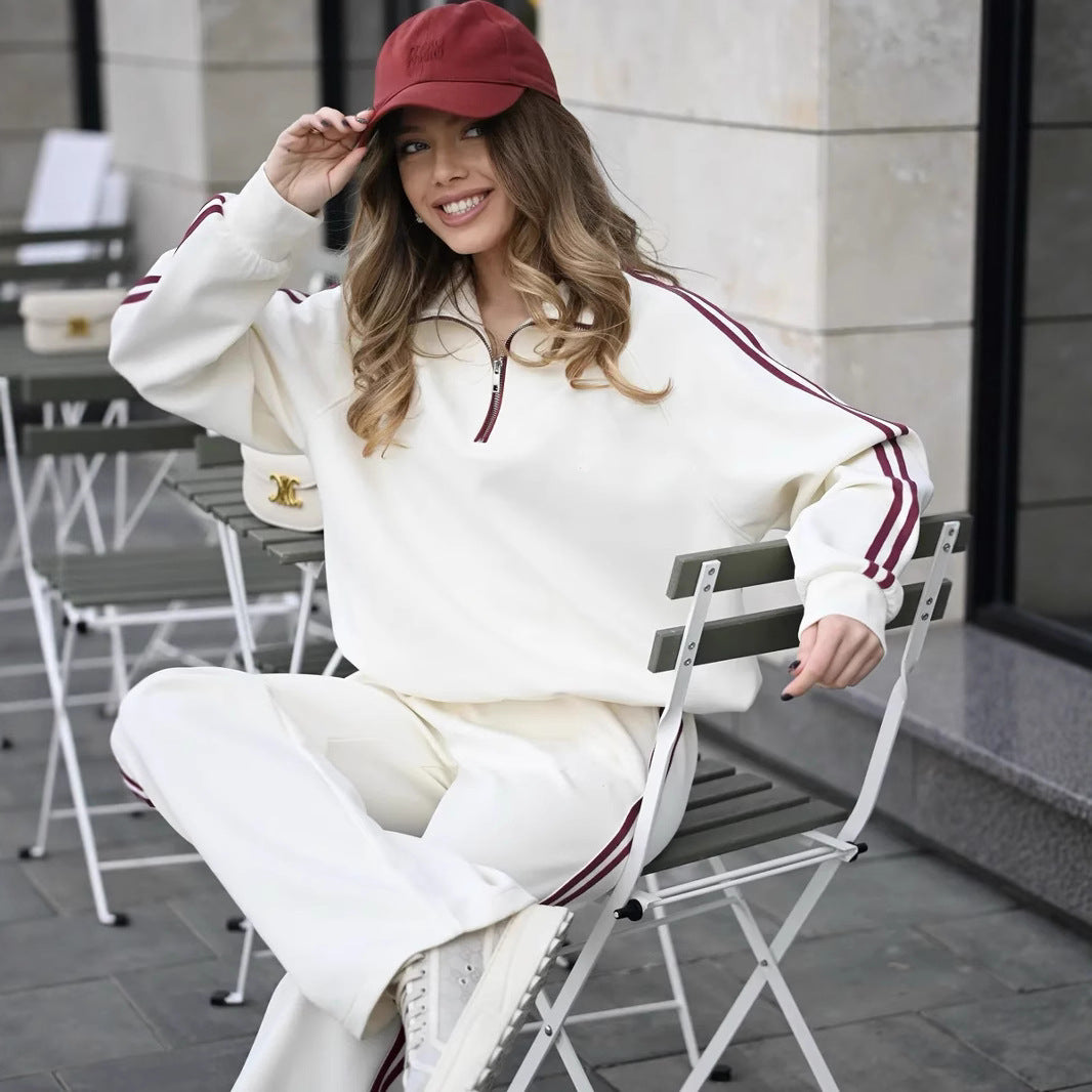 Damen Lässiges Sweat-Set mit Stehkragen, Ballonärmeln und Seitenstreifen EB