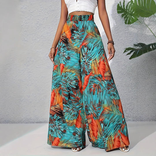 Damen Palazzohose mit tropischem Blattmuster und elastischem Bund EB