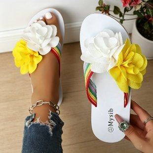 Damen Trendige Flip-Flops mit floralem Dekor und buntem Riemendesign EB