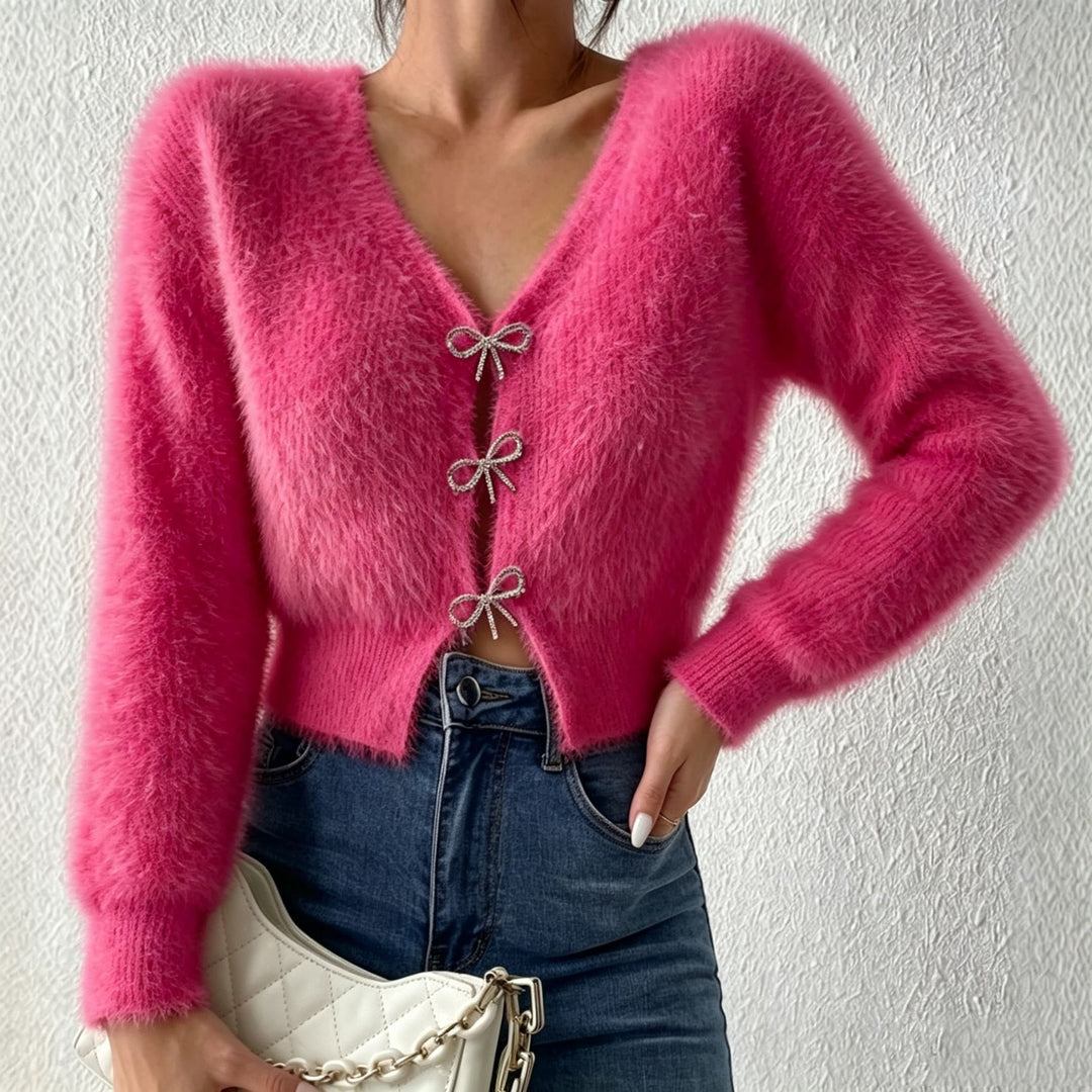 Damen Flauschiger Cropped-Cardigan mit V-Ausschnitt und Schleifen‑Verschlüssen EB
