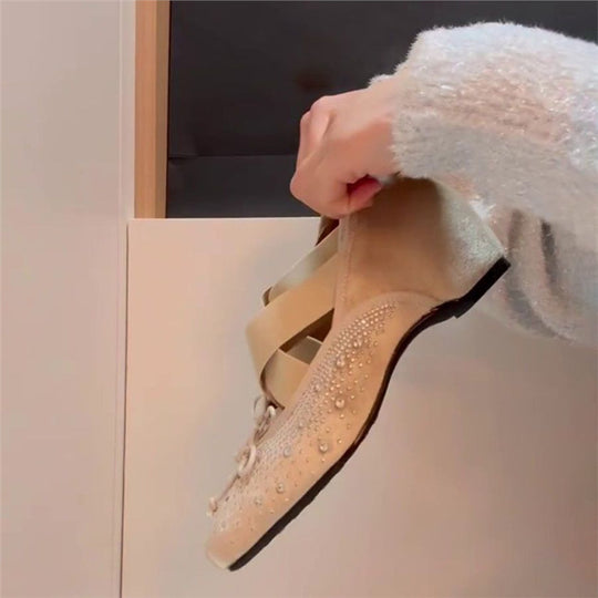 Damen elegante Strass-Ballerinas mit dekorativem Schleifendetail EB