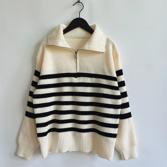 Damen gestreifter Pullover mit modernem Stehkragen und kurzer Reißverschluss EB