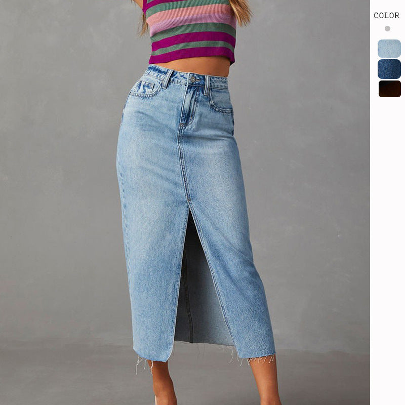Damen Hoch geschnittene Denim-Midirock mit seitlichem Schlitz und fransigen Säumen EB