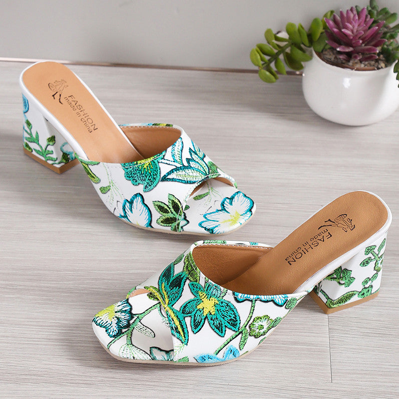 Damen Offene Mules mit floralem Muster und komfortablem Blockabsatz EB