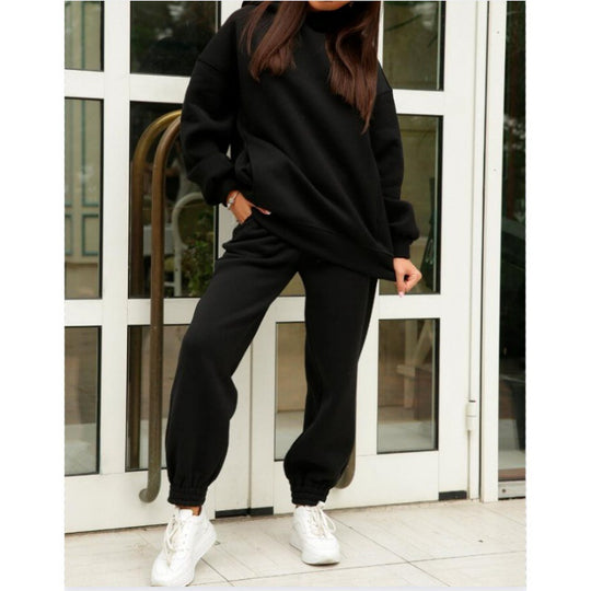 Damen Oversize-Kapuzen-Sweatshirt und Jogginghose Set mit Fleece-Innenseite und elastischen Bündchen EB