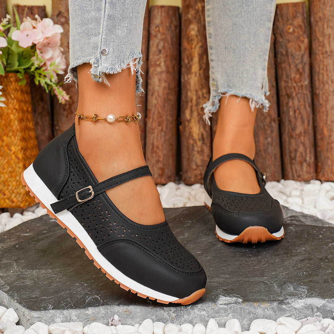 Damen Atmungsaktive Ballerinas mit elegantem Lochmuster und verstellbarem Riemen EB