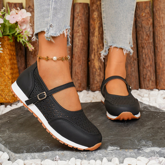 Damen Atmungsaktive Ballerinas mit elegantem Lochmuster und verstellbarem Riemen EB