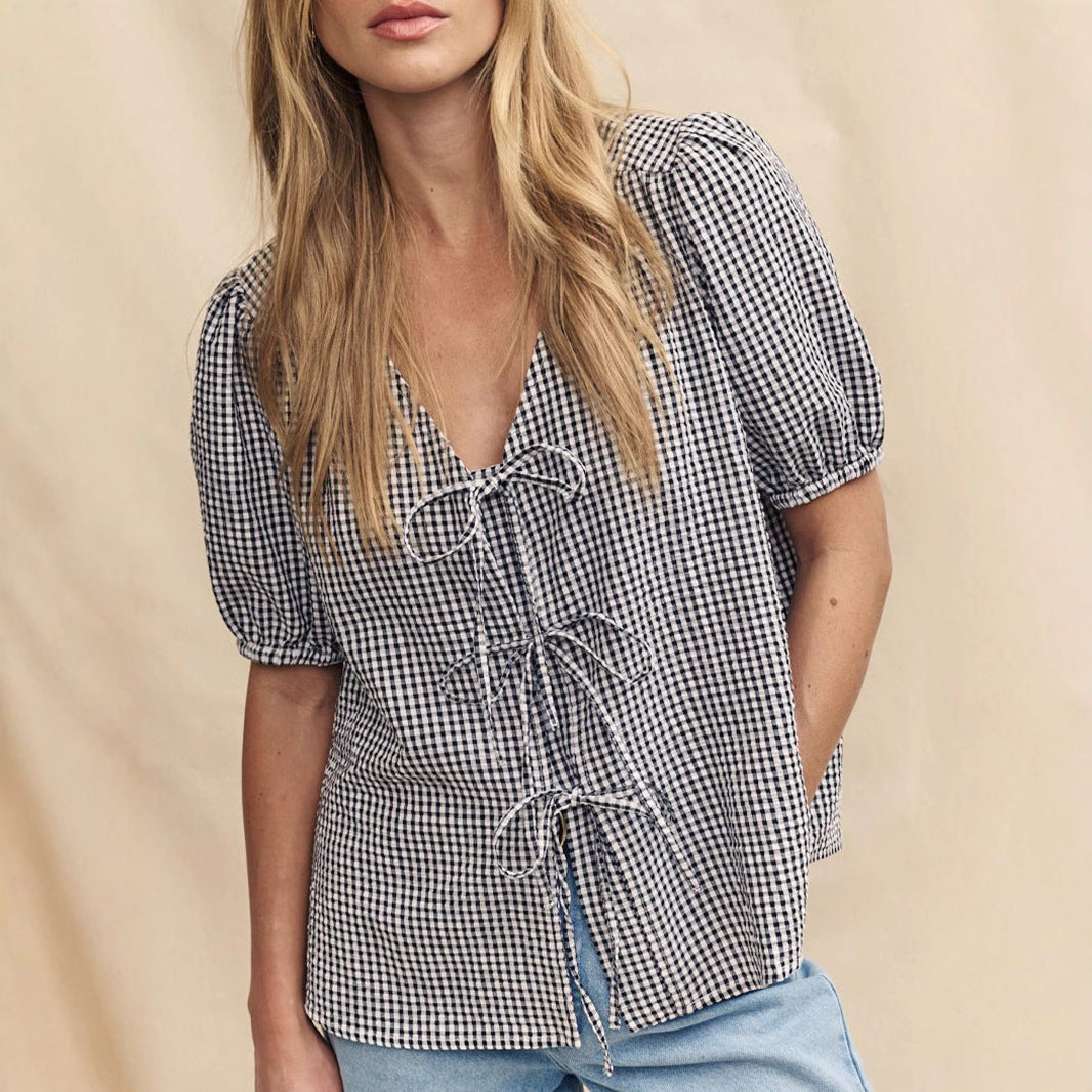 Damen Bluse mit Knoten-Detail und Puffärmeln EB