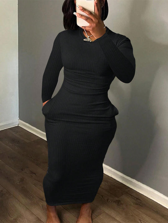 Damen Figurbetontes Rippkleid mit langem Arm und eleganter Silhouette EB