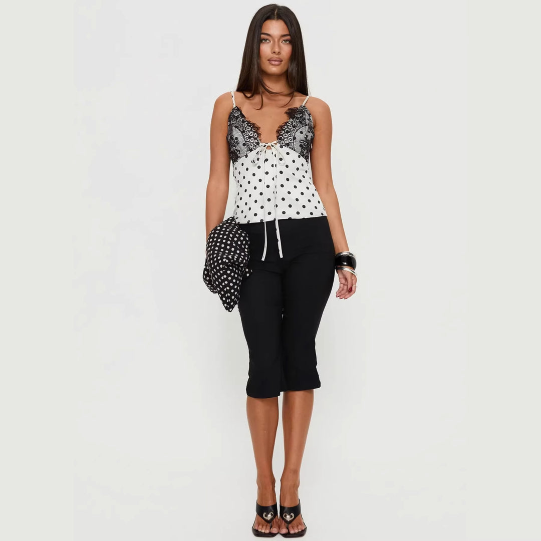 Damen Verspielt elegantes Spaghettiträgershirt mit Spitze und Punktemuster EB