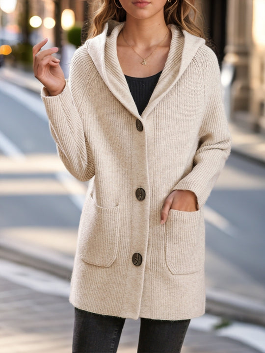 Damen nan lange gerippte Kapuzen-Strickjacke mit aufgesetzten Taschen und markanten Knöpfen EB