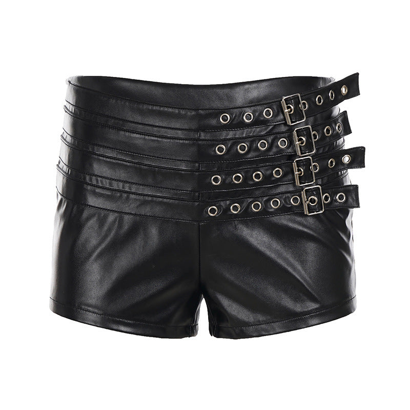Damen Kunstleder Shorts mit dekorativen Schnallen und Schnürdetails EB