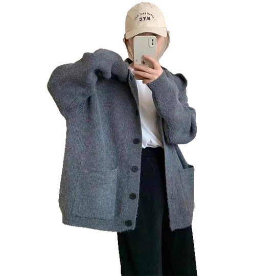 Damen kuschelige Strickjacke mit Kapuze und großen Taschen EB