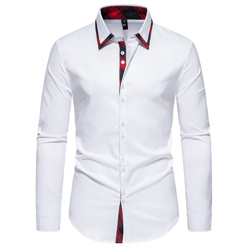 Herren elegantes Langarmhemd mit karierter Kragen-Details EB