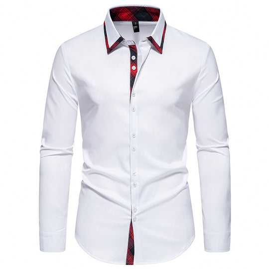 Herren elegantes Langarmhemd mit karierter Kragen-Details EB