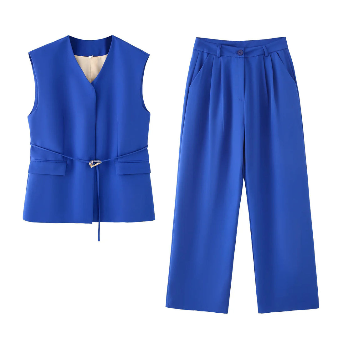 Damen elegantes Blazer- und Hosen-Ensemble mit modernem Gürtel EB