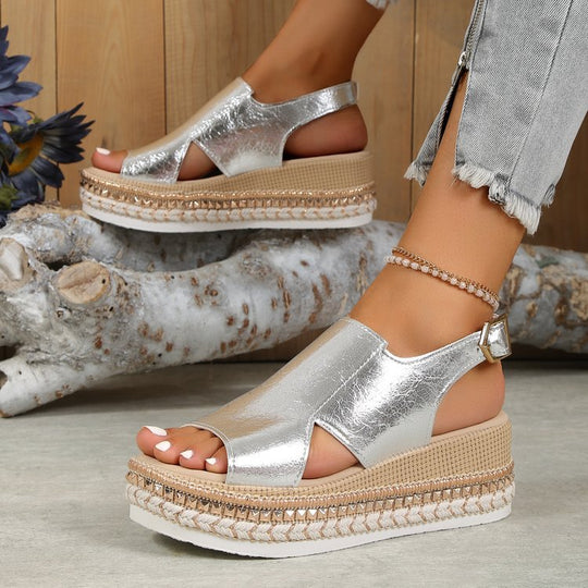Damen Riemensandalen mit modischer Schmuckverzierung und Plateau-Rand EB