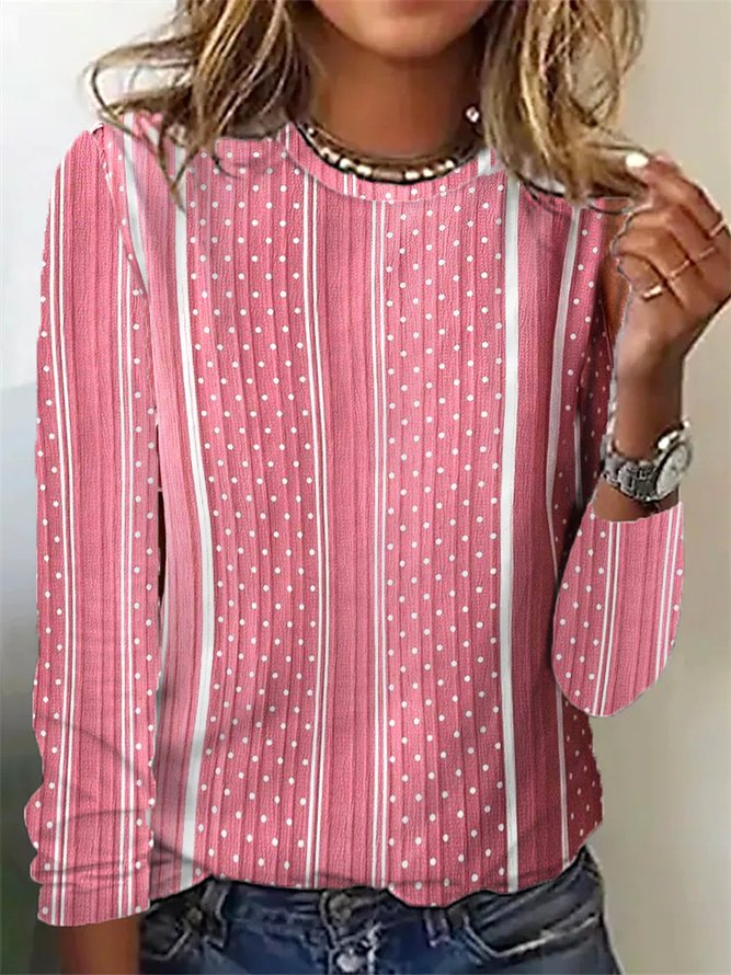 Damen lässiges Langarmshirt mit stylischem Punktmuster und vertikalen Streifen EB
