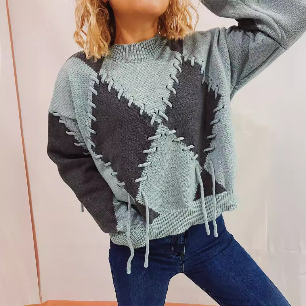 Damen gemütlicher Strickpullover mit auffälligem Design und modernen Schnürdetails EB