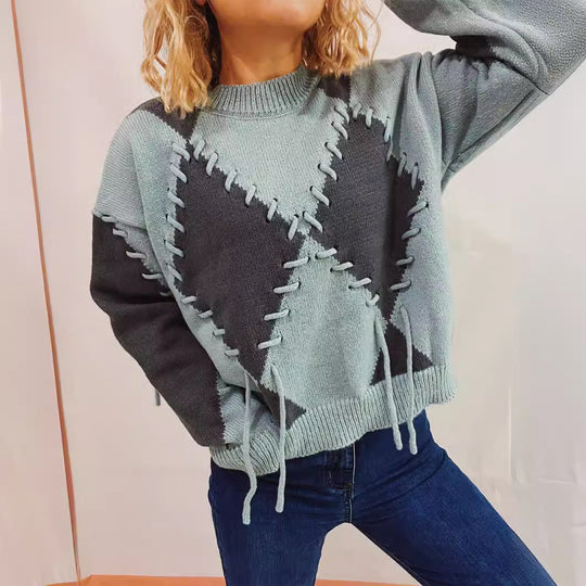 Damen gemütlicher Strickpullover mit auffälligem Design und modernen Schnürdetails EB