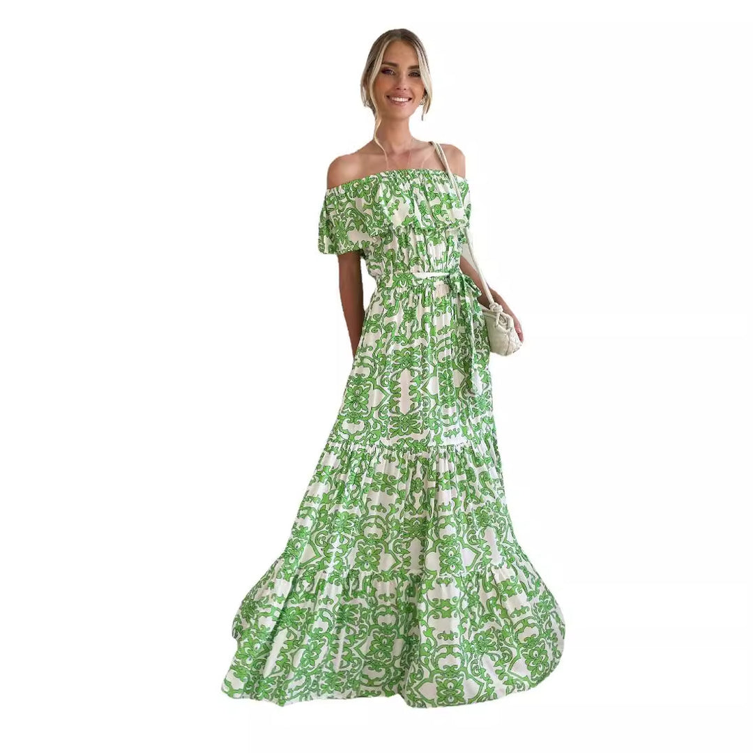 Damen Off-Shoulder Maxikleid mit voluminösem Rüschendesign und elastischem Taillenbund EB