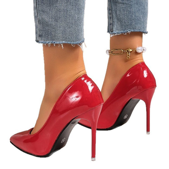 Damen elegante Pumps mit spitzem Zehenbereich und glänzender Oberfläche EB