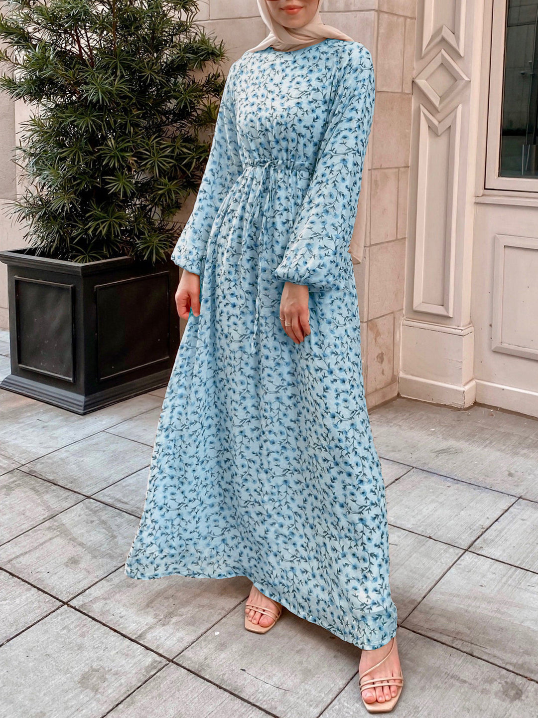 Damen Geblümtes Maxikleid mit Kordel-Taille und Ballonärmeln EB