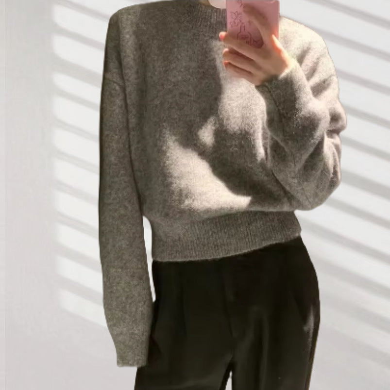 Damen lockerer Strickpullover mit Rundhalsausschnitt und weichem Material EB